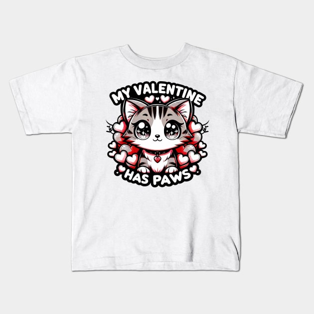 My Valentine Has Paws Valentine_S Day Girls Cute Anime Cat Kids T-Shirt by Neldy